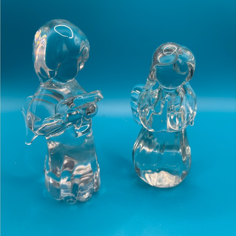 Set 2 Crystal Angel Cherub Signed FM Ronneby Art Glass Angel Figurines Sweden